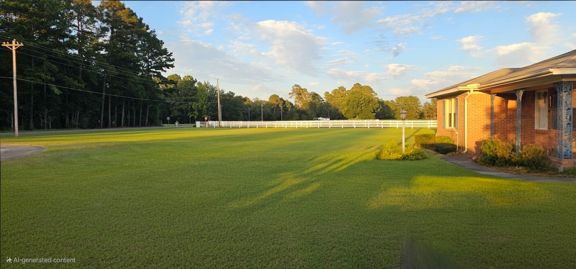 A sunny, green lawn stretches toward a white fence with trees in the background, next to a brick house with a porch.