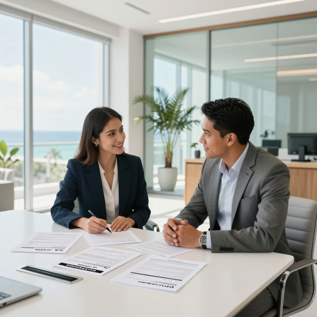 Two coworkers review documents at a modern office desk with a laptop and coffee cup.