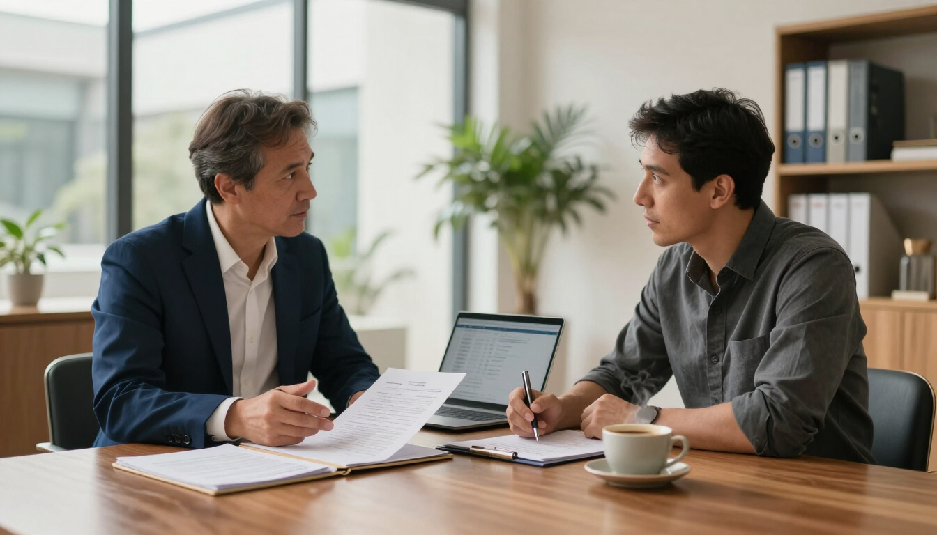 Two people discussing documents at a table in a bright office, with a laptop and coffee cup nearby.