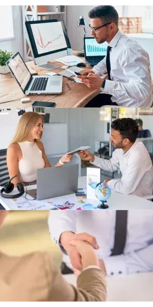 Three office scenes showing coworkers in meetings, discussing documents, and shaking hands.