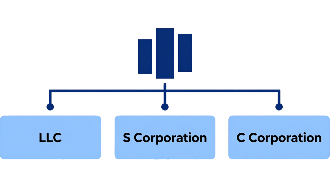 Diagram showing LLC, S Corporation, and C Corporation beneath a central blue icon.