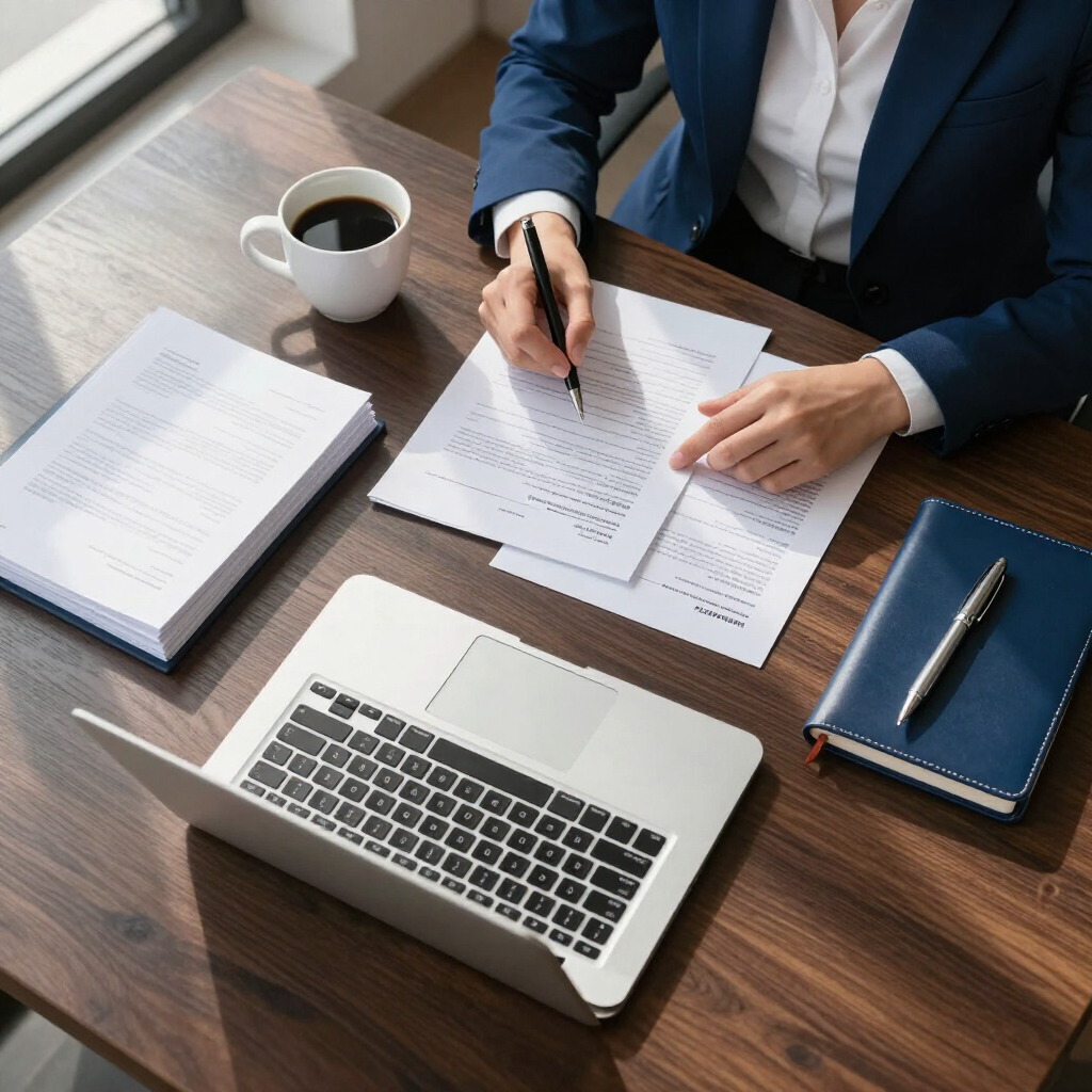 Person reviewing documents at a desk with a laptop, coffee, and notebook.