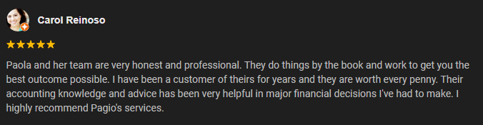 Review card from Carol Reynolds praising accountant Nick Daniels on a dark background.