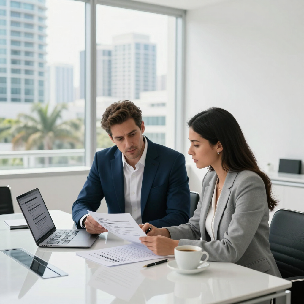 Two coworkers review documents at a modern office desk with a laptop and coffee cup.
