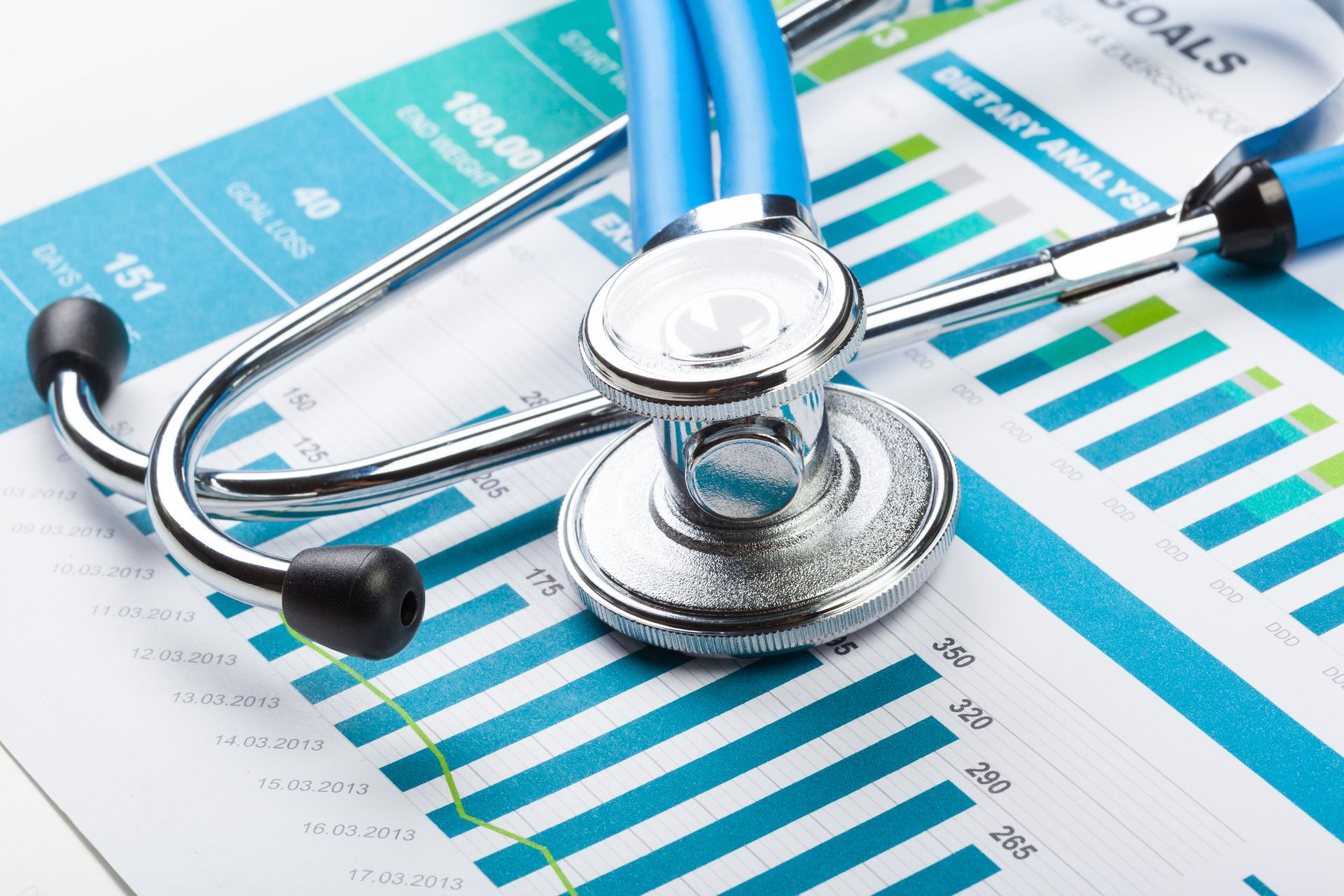 Blue stethoscope rests on a healthcare analysis chart with blue and white bars.