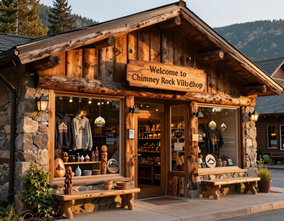 Inside Chimney Factory Outlet with folded hoodies, hats, beanies, and souvenir displays.