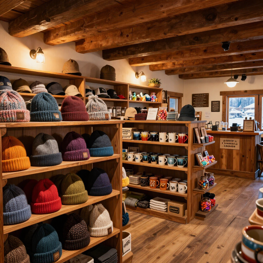 Souvenirs and gifts arranged in a cozy shop display.