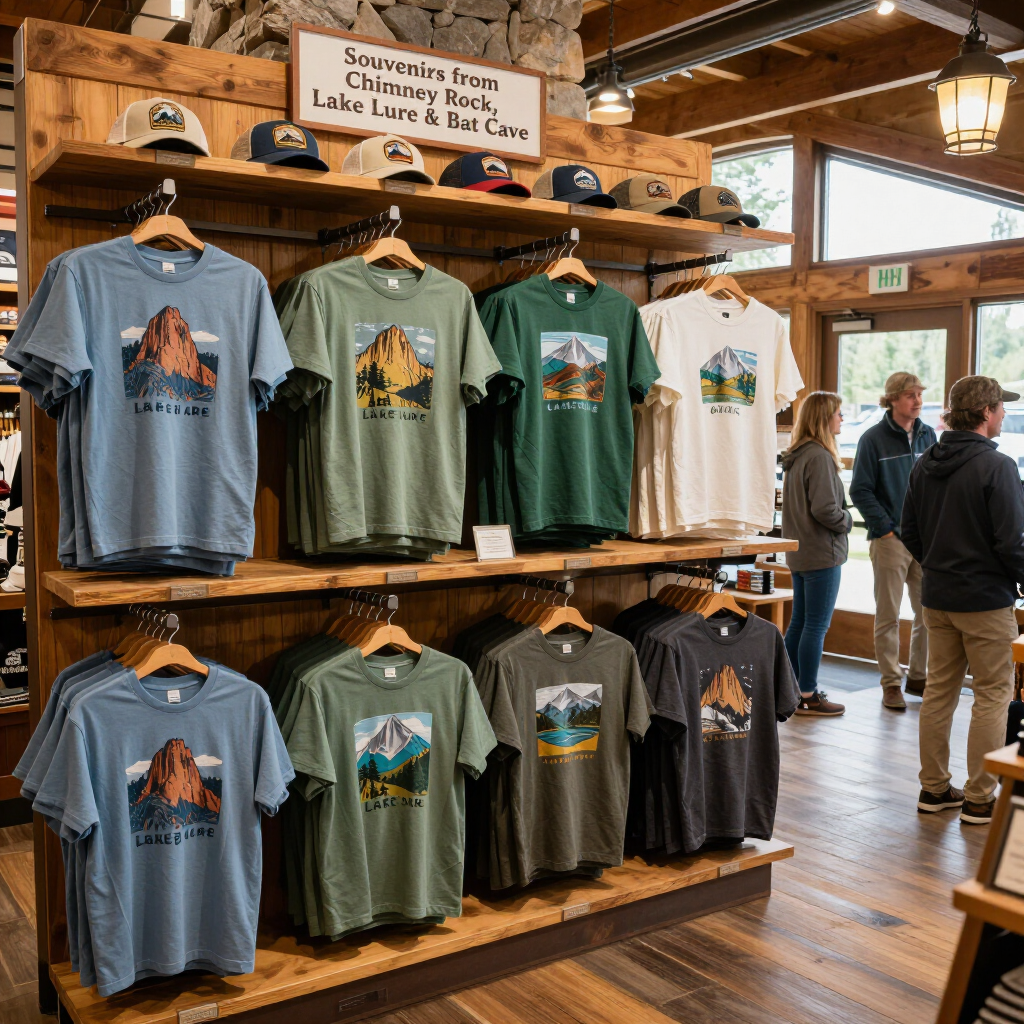 Local-themed t-shirts, hats, and souvenirs arranged for visitors.