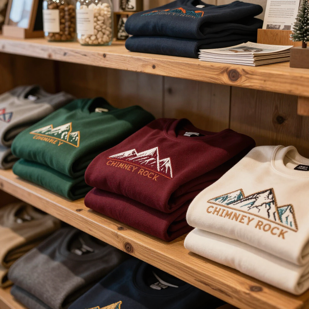 Embroidered hoodies and crewnecks displayed in a rustic mountain gift shop.