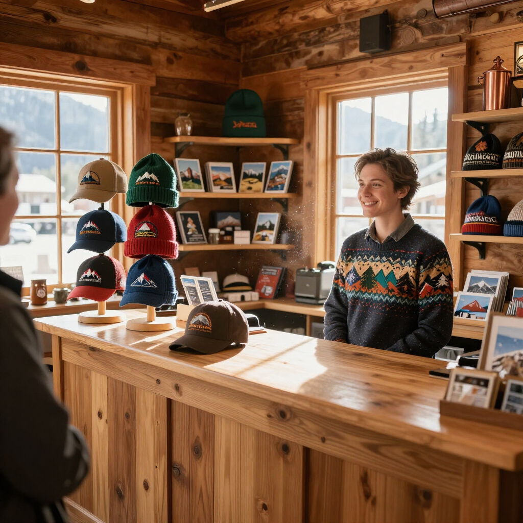 Warm retail counter with caps, beanies, and souvenirs ready for shoppers.