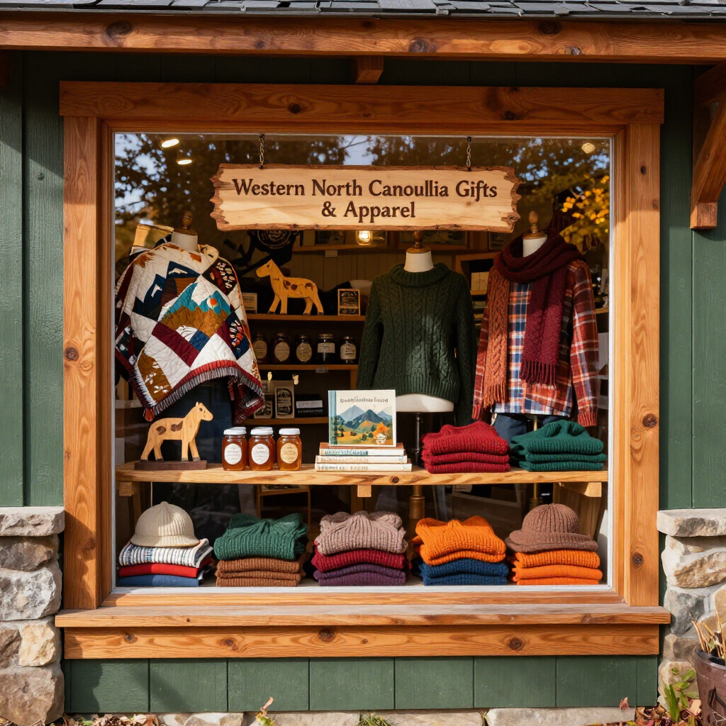 Seasonal apparel and local gifts displayed in a bright mountain shop.