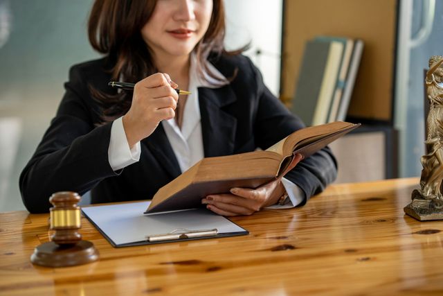Lawyer in black blazer reviewing a file at a wooden desk with a gavel and clipboard