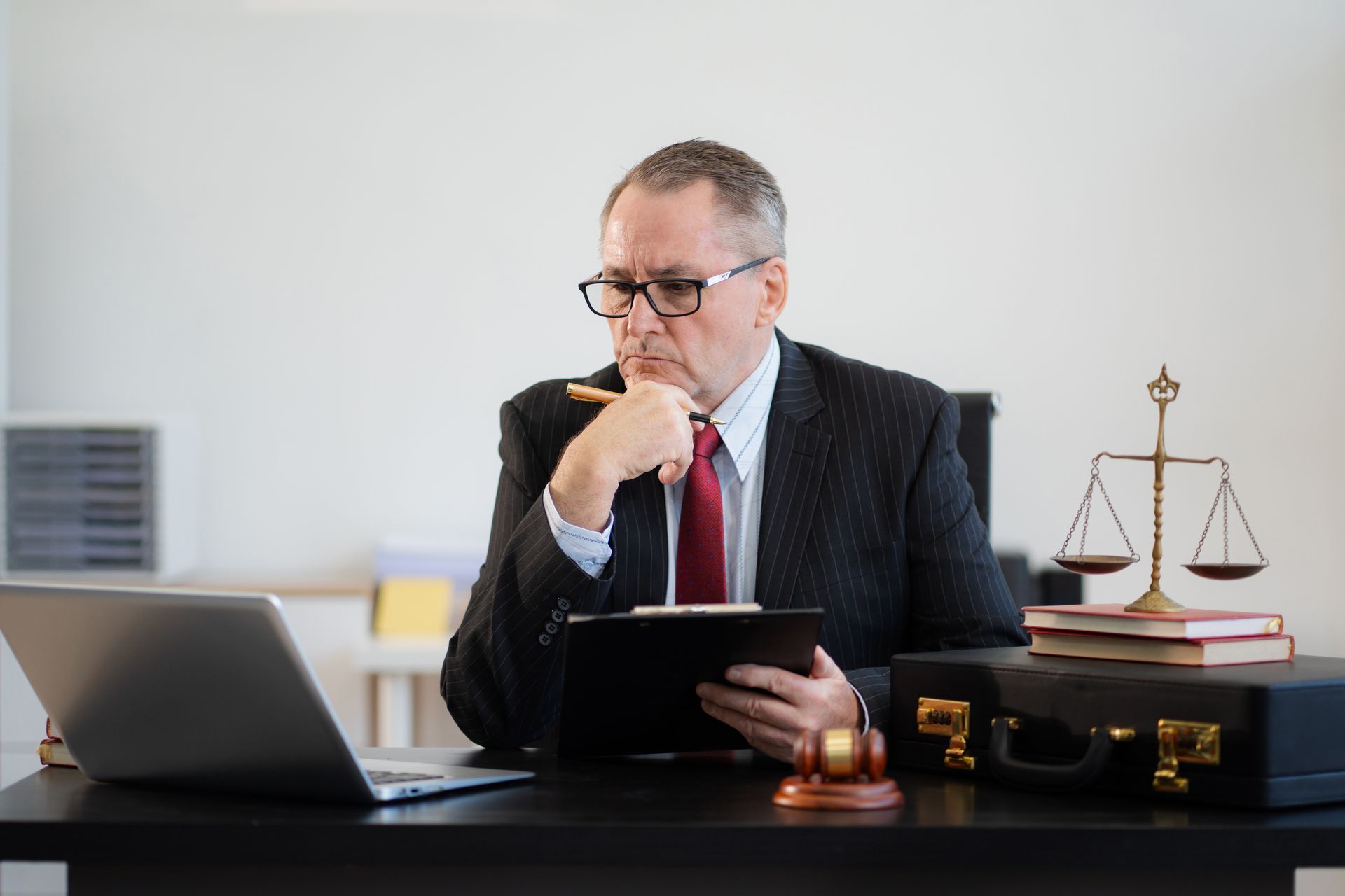 Attorney in a suit sitting at a desk with a laptop, scales of justice, and a gavel, thoughtfully reading a tablet.