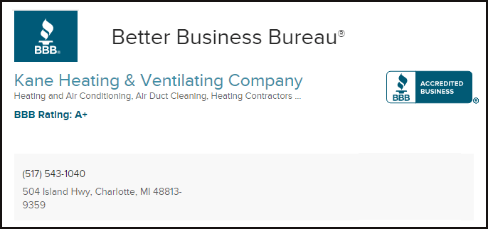 A card showing for Kane heating and Ventilating Company is in good standing with tr Better Business Bureau.