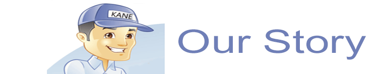 A man in a blue hat is standing next to the words `` our story ''.