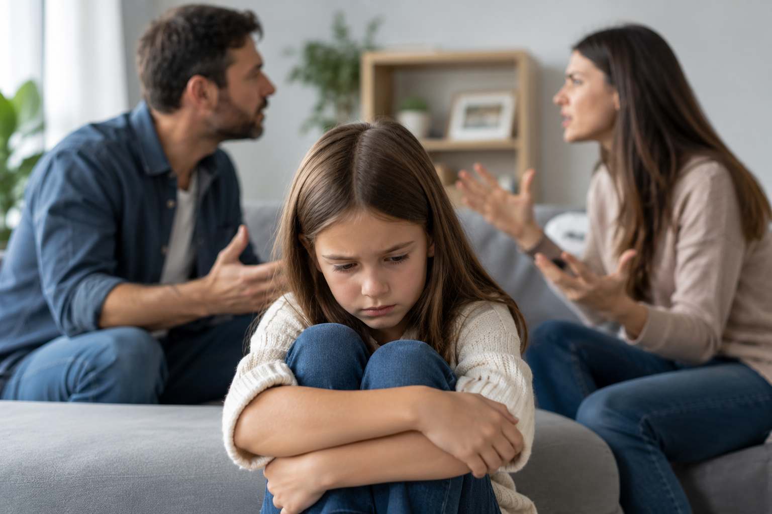 Upset child sitting in front of arguing adults on a couch in a living room