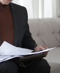 Person in a black blazer reviews documents on a sofa