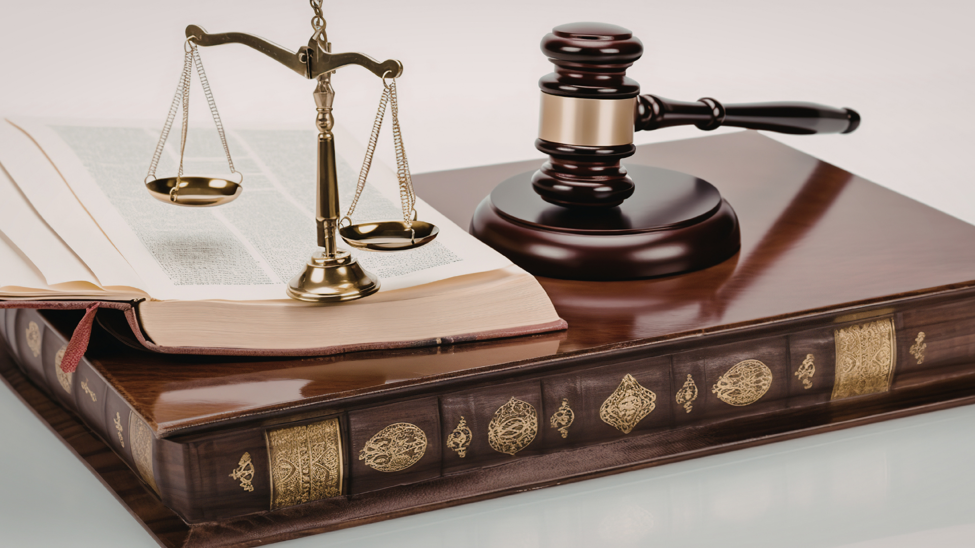 Judge’s gavel beside scales of justice resting on a law book.