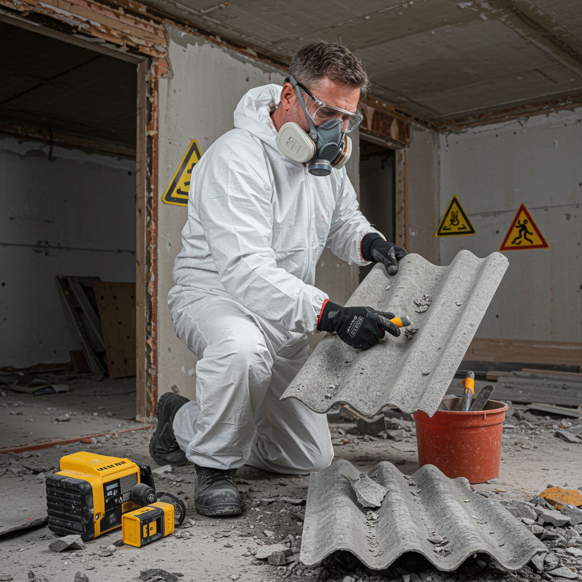 Worker in white coveralls and respirator handling corrugated sheets amid construction debris