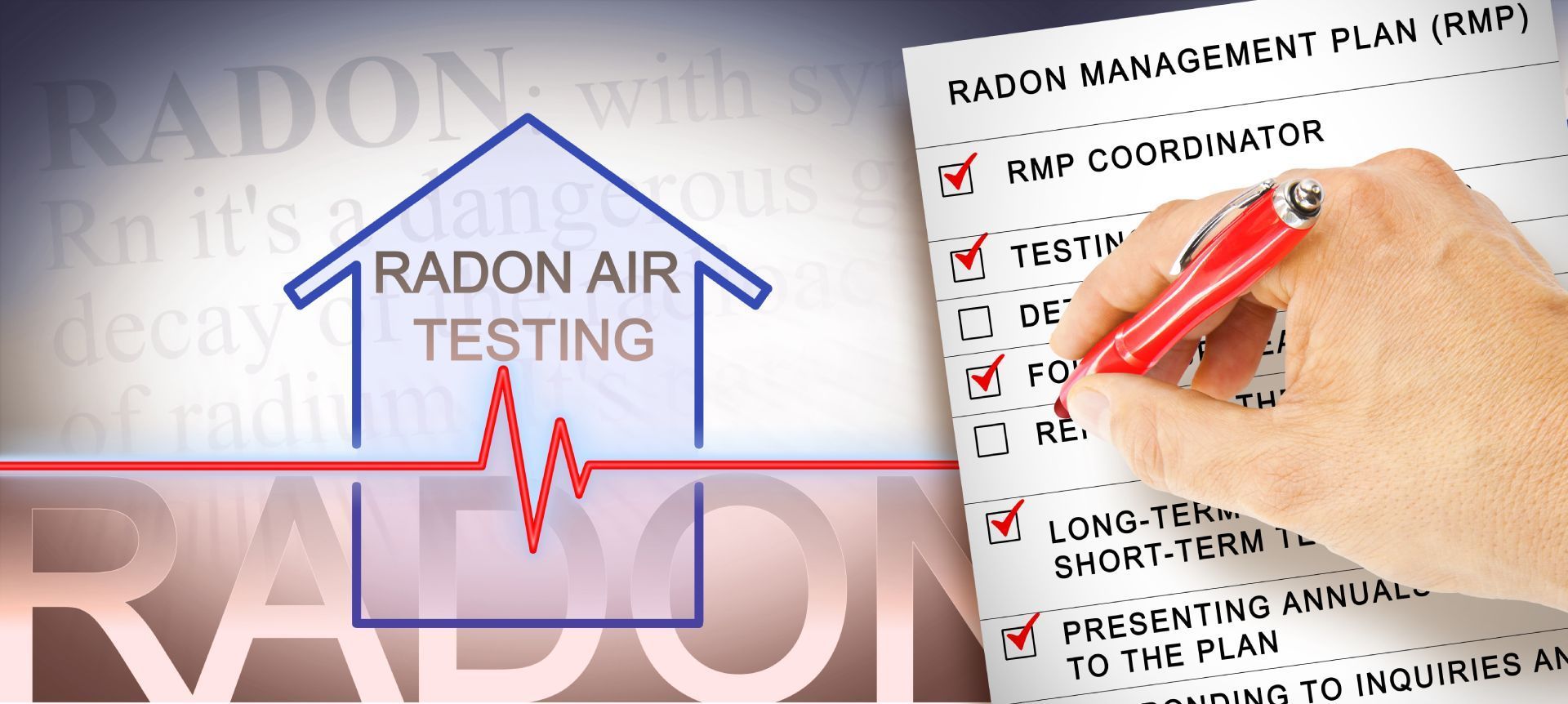 Radon air testing graphic with a checklist and a hand writing on paper