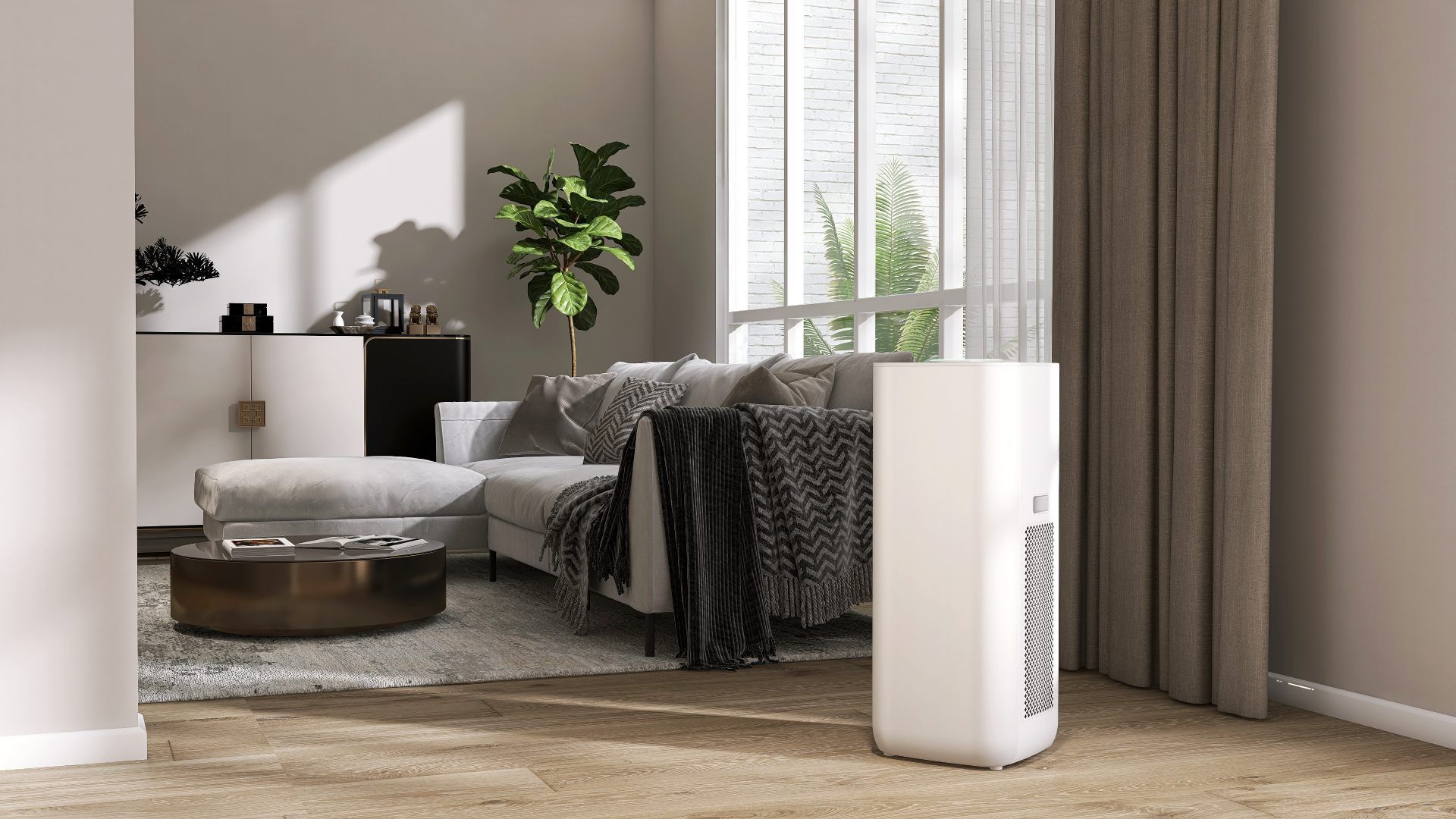 Bright modern bedroom with a bed, round ottoman, potted plant, curtains, and a white air purifier by the window