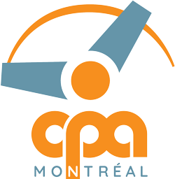 Logo de CPA Montréal avec des formes abstraites orange et bleues et du texte