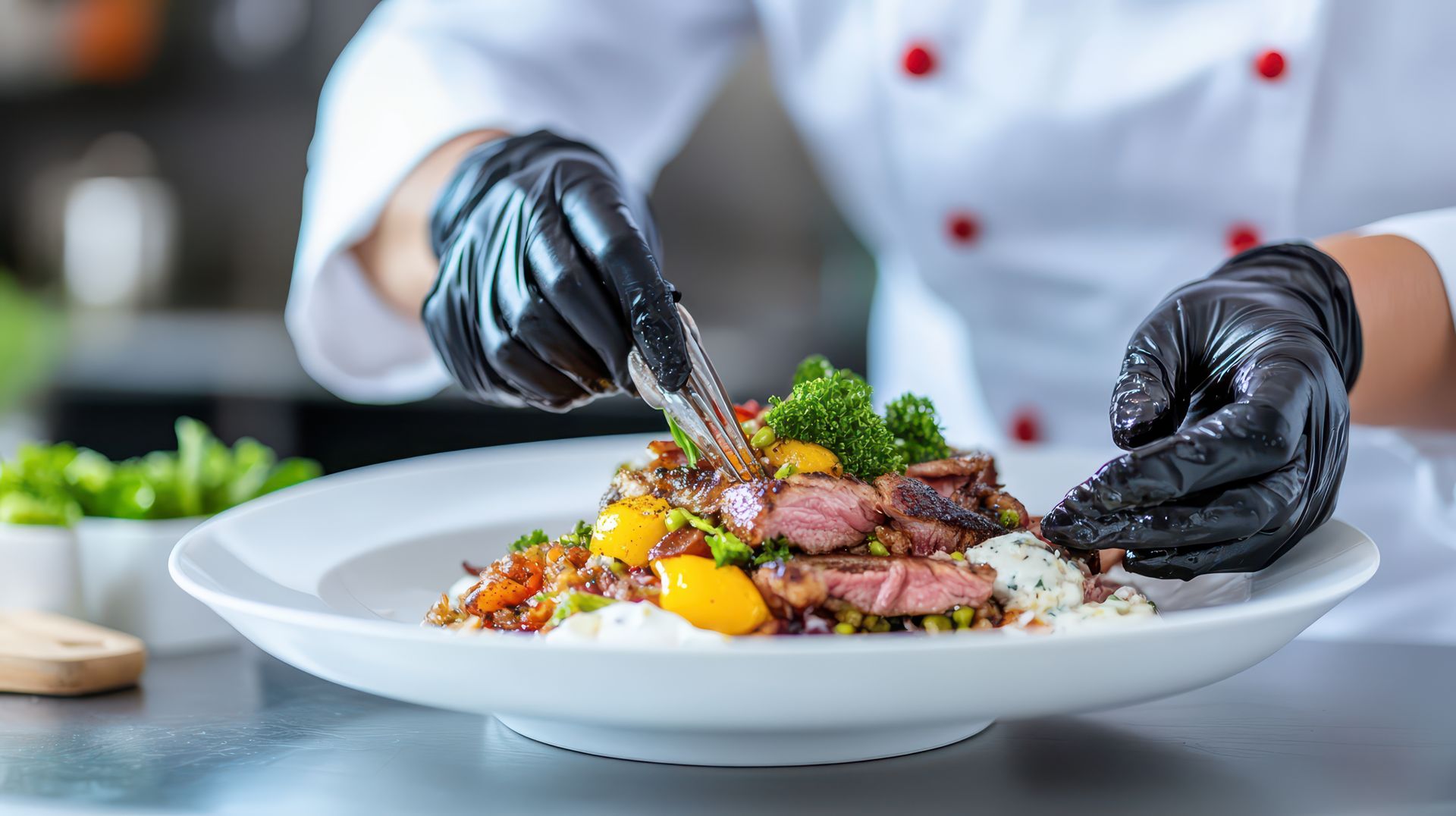 Chef plating a dish with black gloves, adding garnish to colorful food on a white plate.