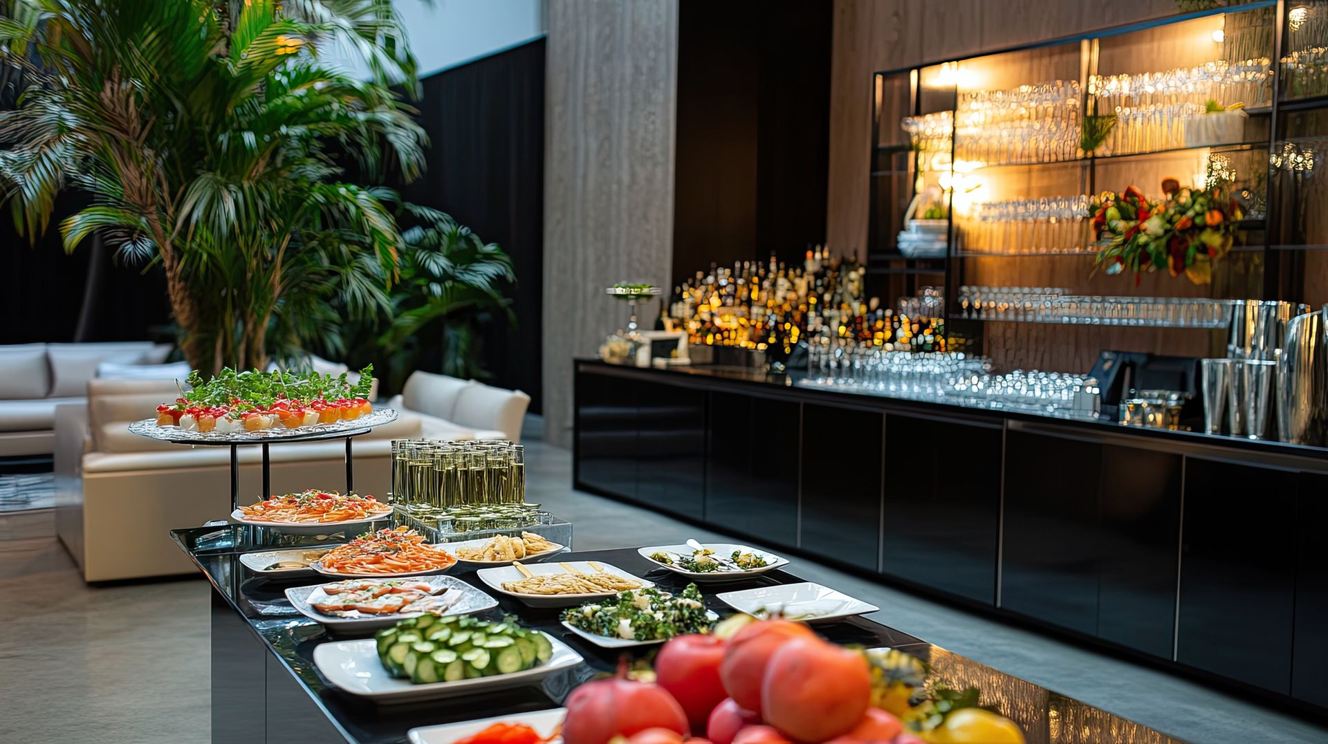 Buffet with various foods and a bar area with glassware and alcohol bottles.