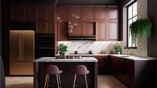 A kitchen with wooden cabinets and a marble counter top.