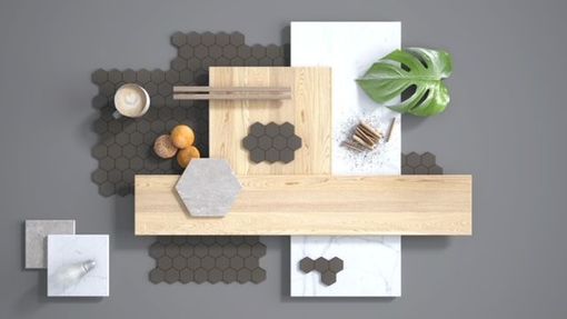 A collage of different types of wood and tiles on a gray background