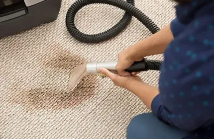 A person is cleaning a carpet with a vacuum cleaner.