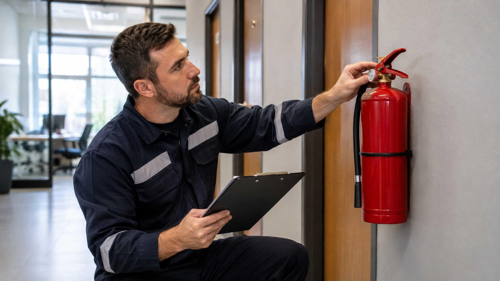 Fire safety specialist checking a mounted extinguisher during an inspection