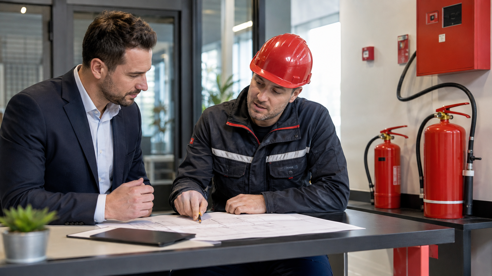 Fire protection expert discussing safety plans with a business representative