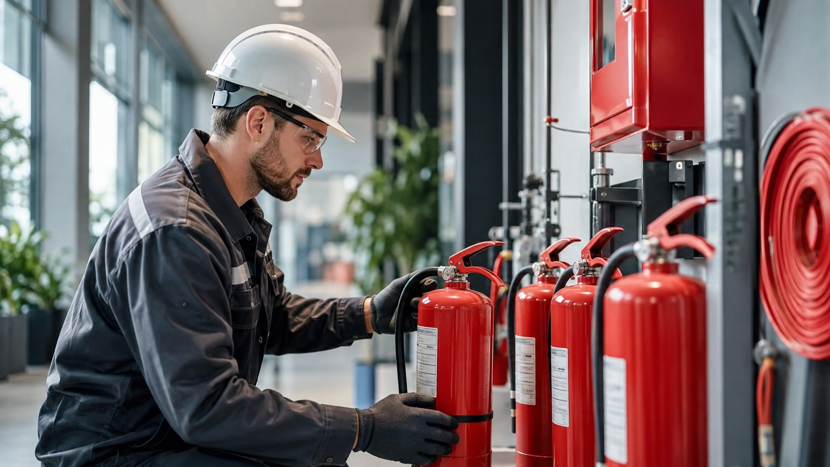 Fire safety technician inspecting multiple fire extinguishers in a commercial facility