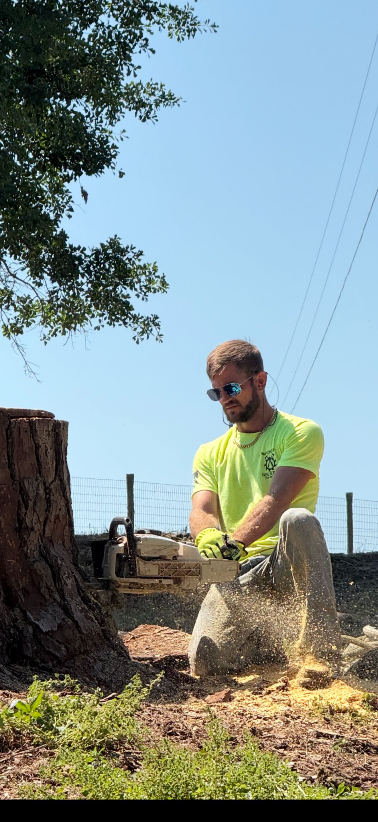 Man in neon shirt using a chainsaw to cut a log outdoors amid wood chips and trees