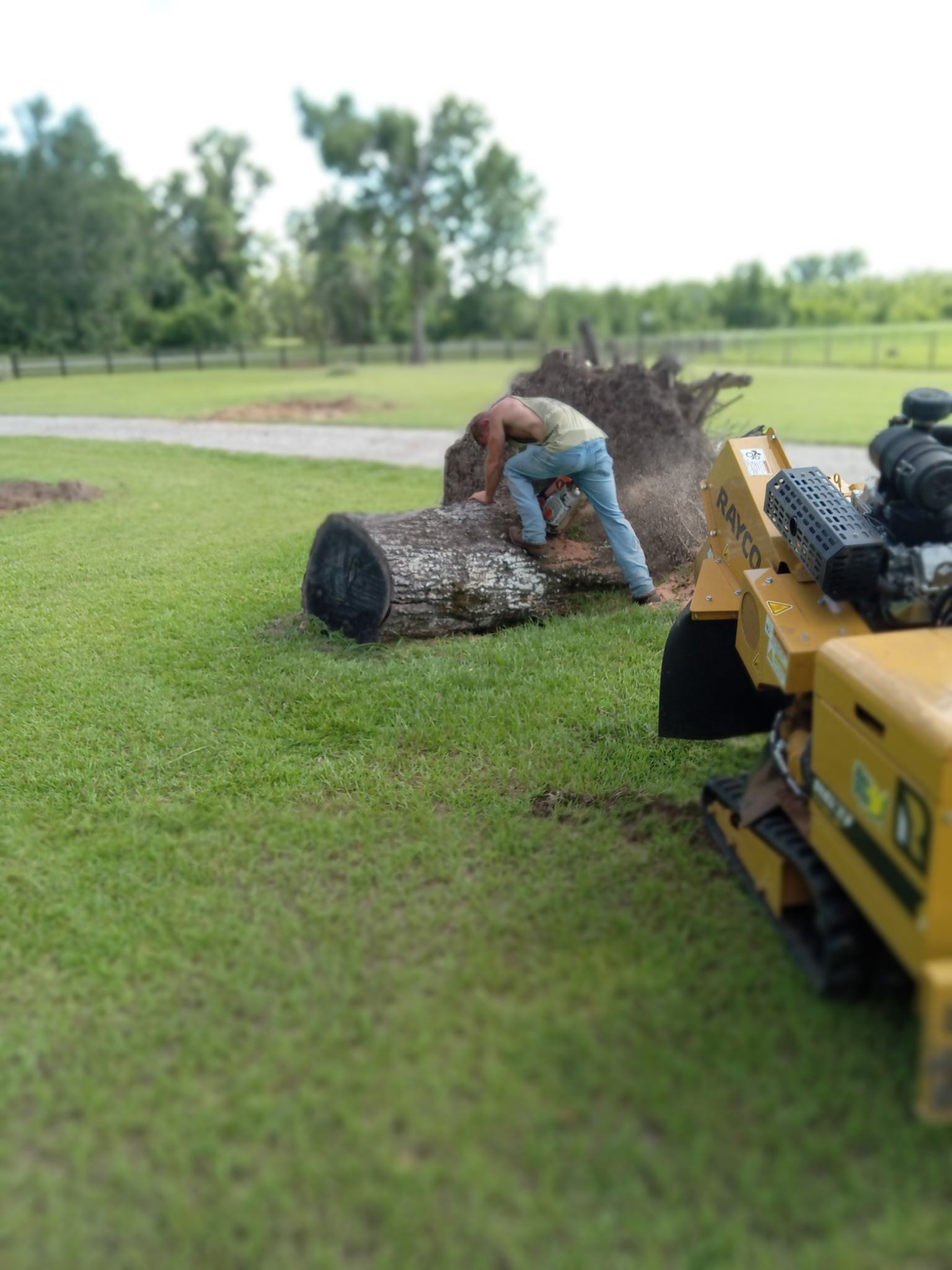 Miniature construction scene: a worker figure on a log beside a yellow loader in a grassy field.