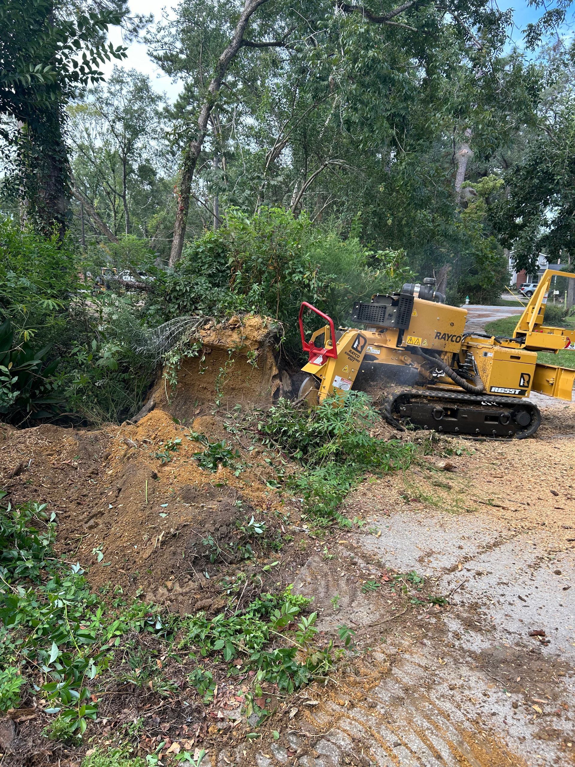 Yellow excavator clearing a dirt mound in a wooded area beside a gravel road