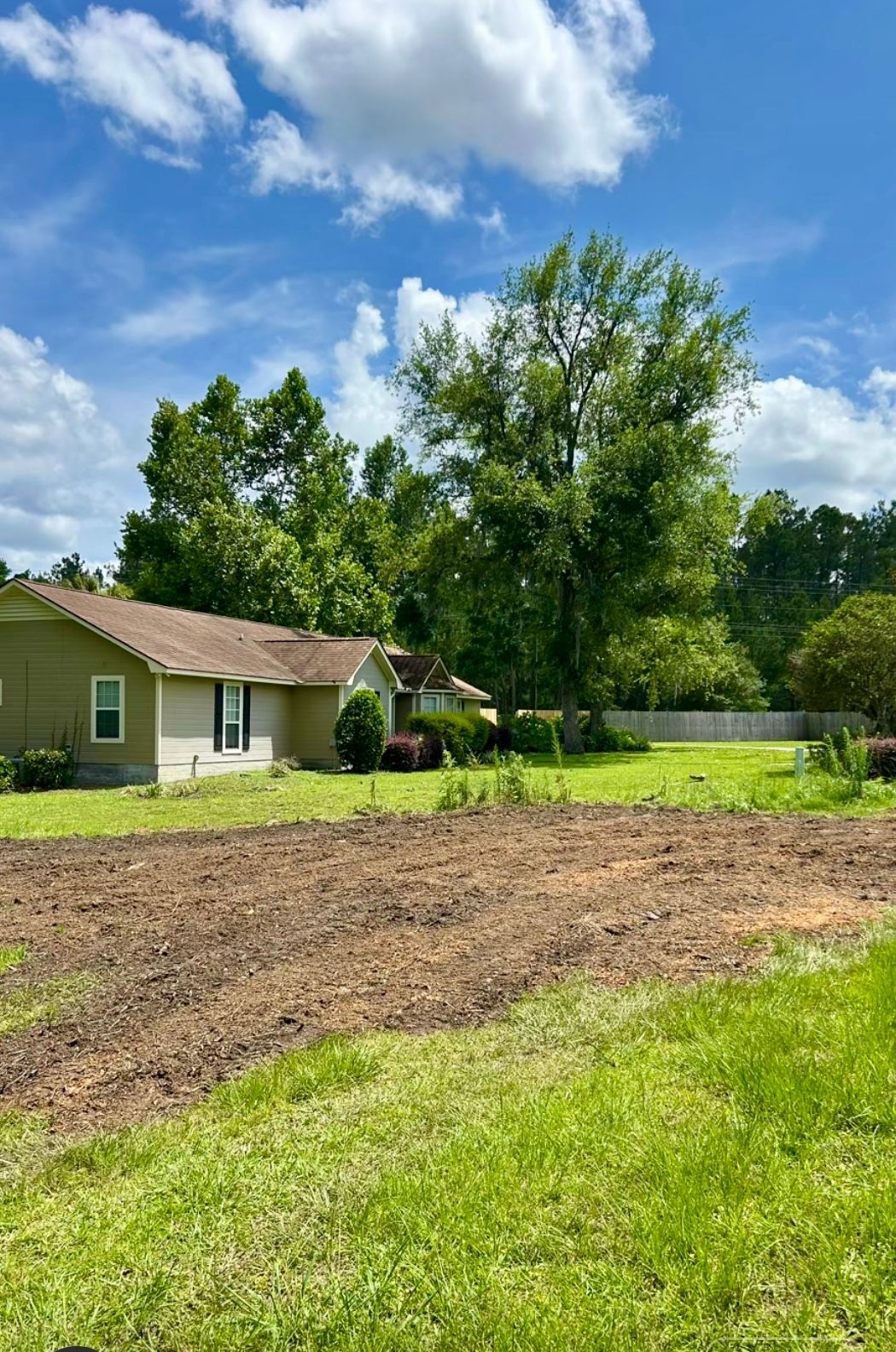 Backyard with a green lawn, tilled soil, a beige house, and tall trees under a blue sky