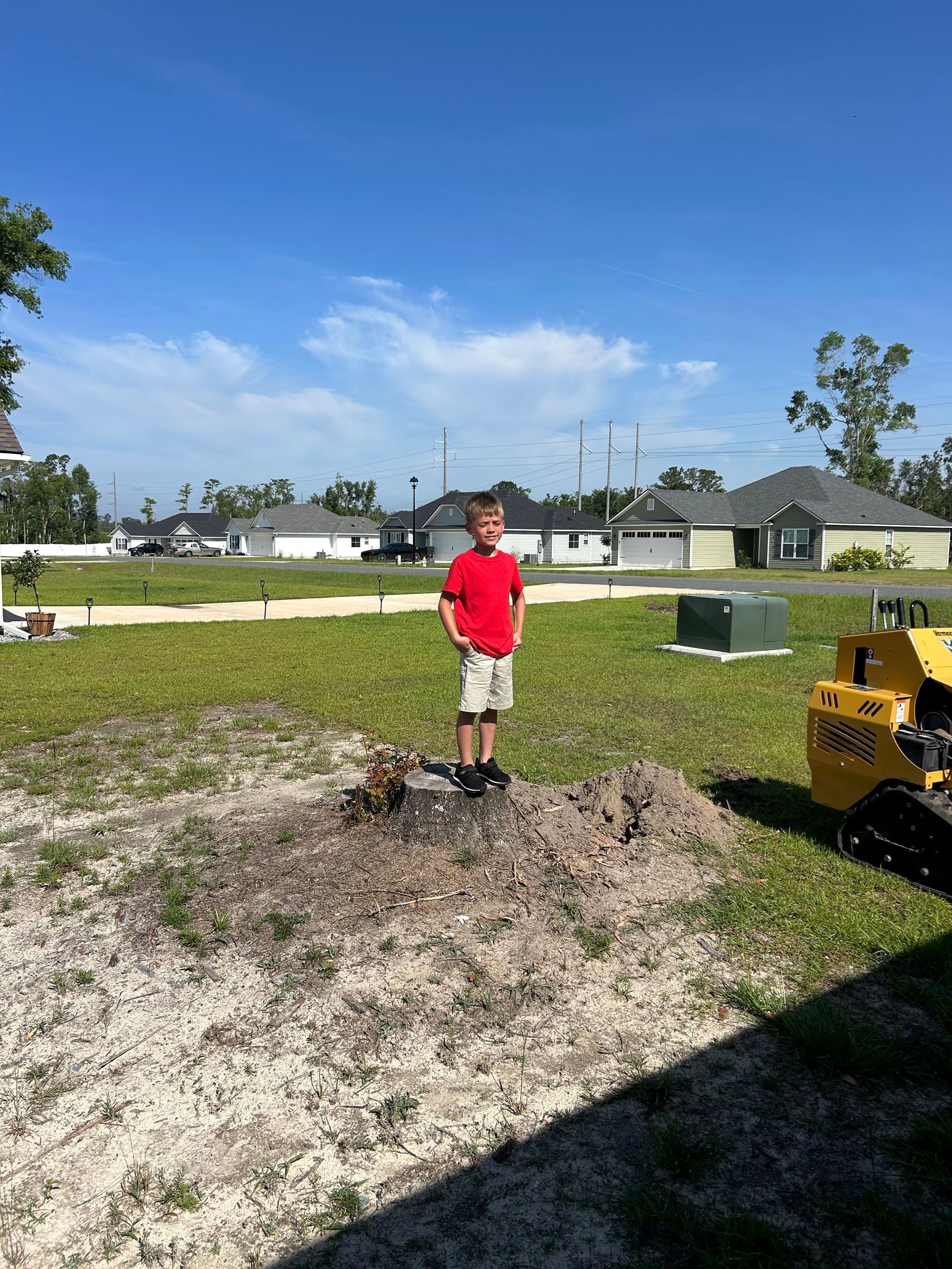 Child in a red shirt standing on a dirt mound in a sunny suburban yard, with a yellow toy truck nearby.