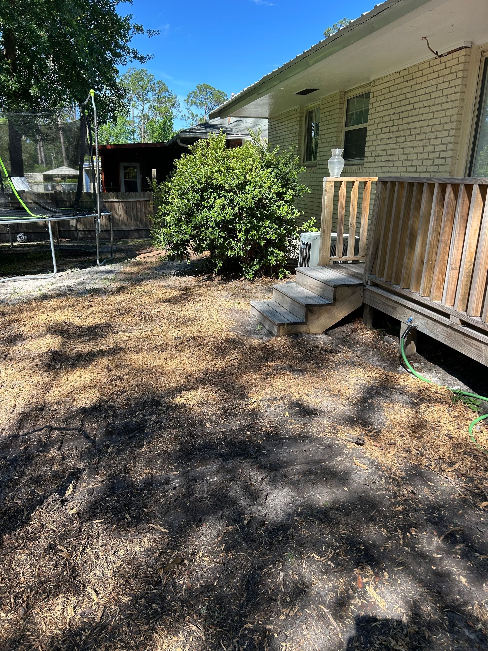 Backyard with a brick house porch, wooden steps, and a leafy bush in bright sunlight