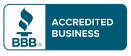 BBB Accredited Business badge with blue and white logo and text