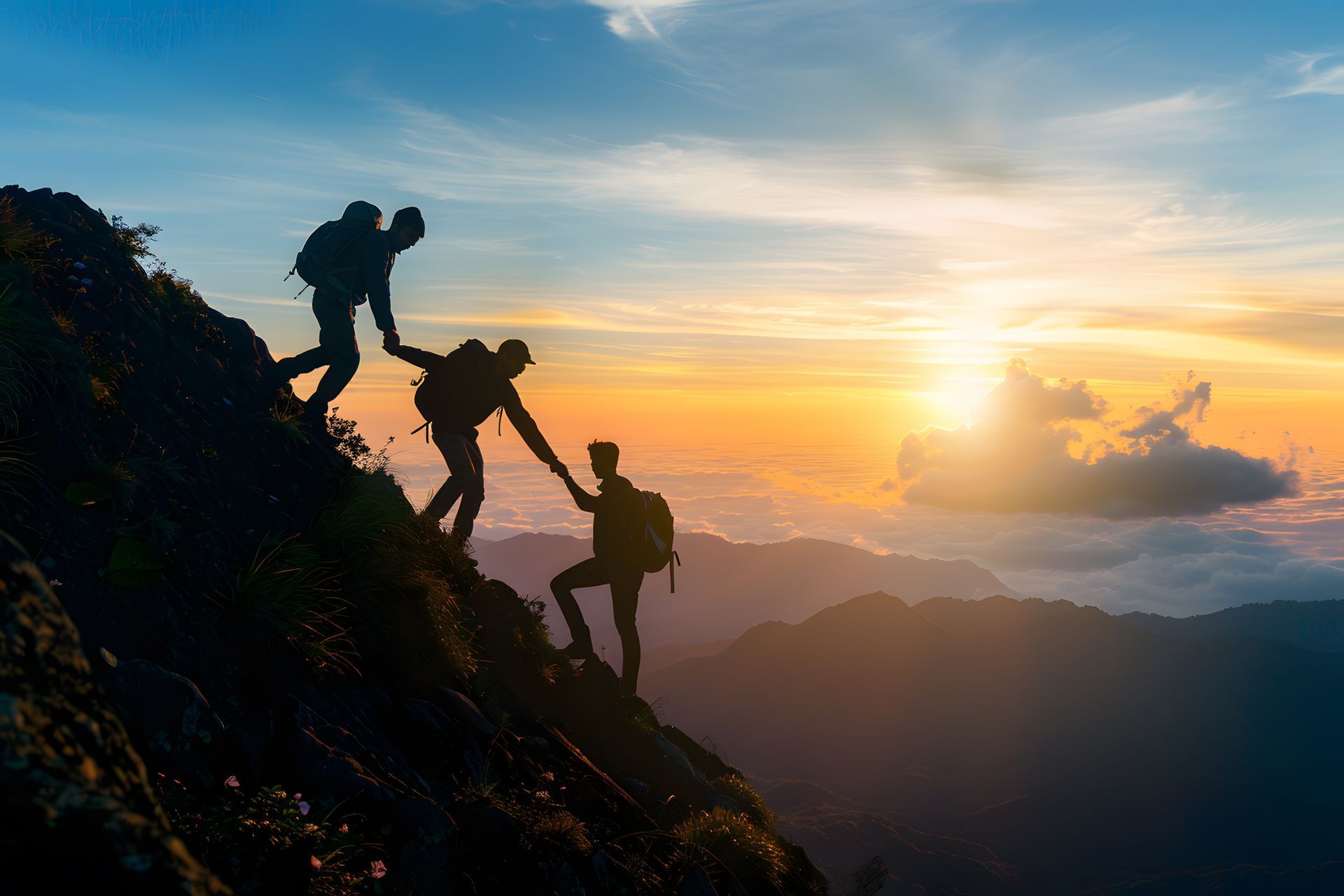 Deux randonneurs s'entraident pour gravir une montagne rocheuse au coucher du soleil, sous un ciel et des nuages flamboyants.