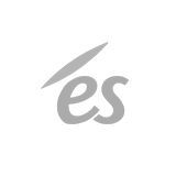 Logo « es » gris sur fond blanc avec une virgule diagonale au-dessus des lettres