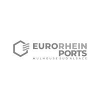 Logo d'Eurorhein Ports avec texte gris et icône hexagonale, slogan « Mulhouse Sud Alsace »