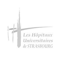 Logo of Les Hôpitaux Universitaires de Strasbourg in gray text with abstract cross-like mark