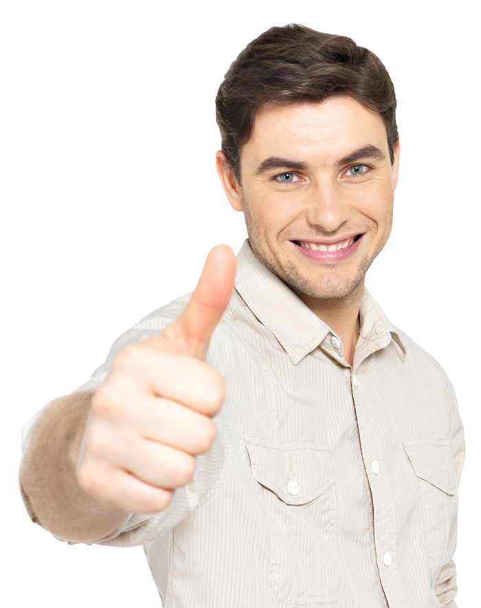 Smiling person giving a thumbs-up in a light shirt against a white background