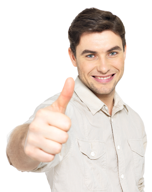 Smiling person in a light-colored button-up shirt giving a thumbs-up gesture against a white background.