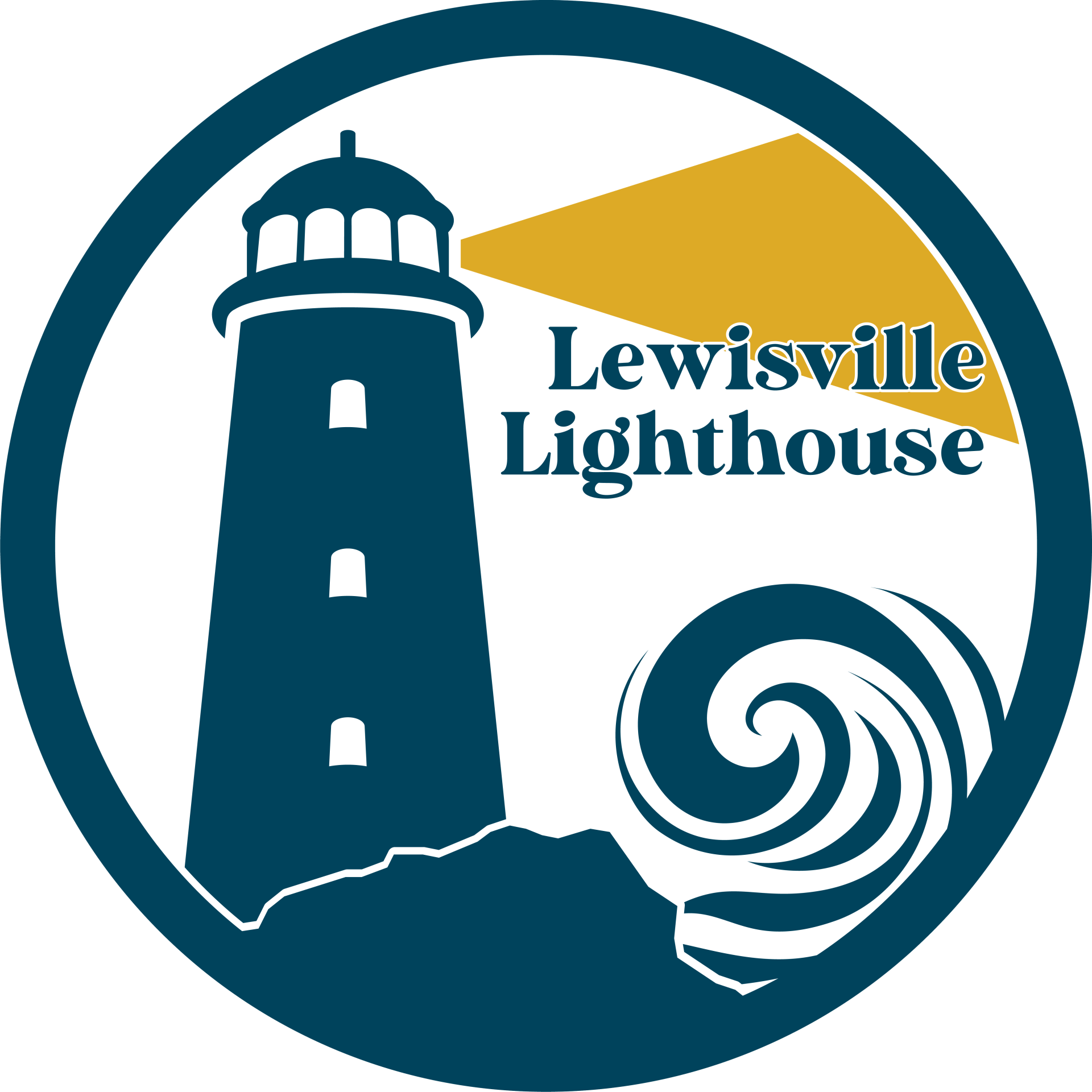 A logo for lewisville lighthouse with a lighthouse and a wave