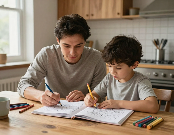 Parent and child coloring together at a kitchen table