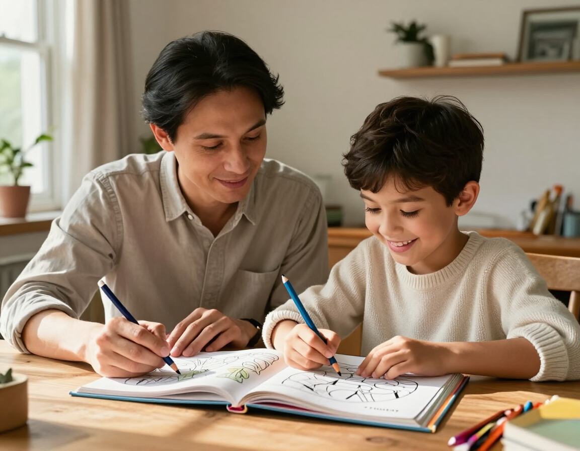 Parent and child coloring a book spread together